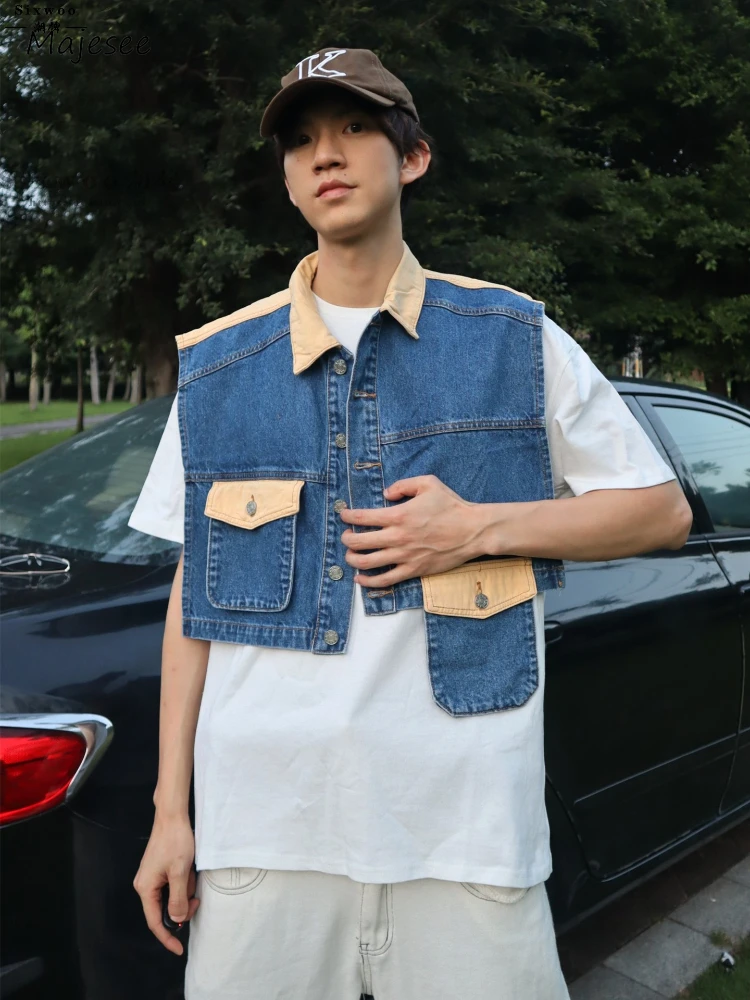 

Denim Vests Men Loose Asymmetrical Spliced American Style Retro Vintage Turn-down Collar High Street Minimalist Hipster Popular