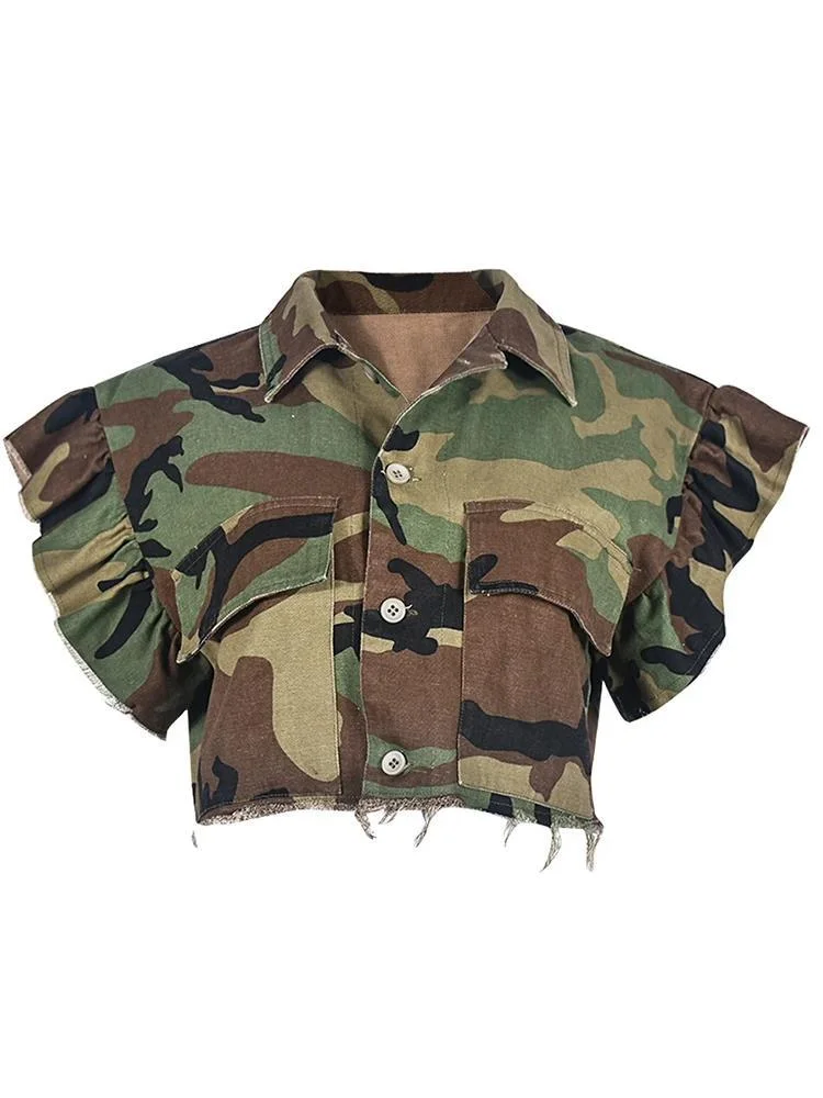 

NICEWOMEN Fashion Women Jacket Turn-down Collar Butterfly Sleeve Single Breasted Camouflage Print Short Coat Spring 2023 New