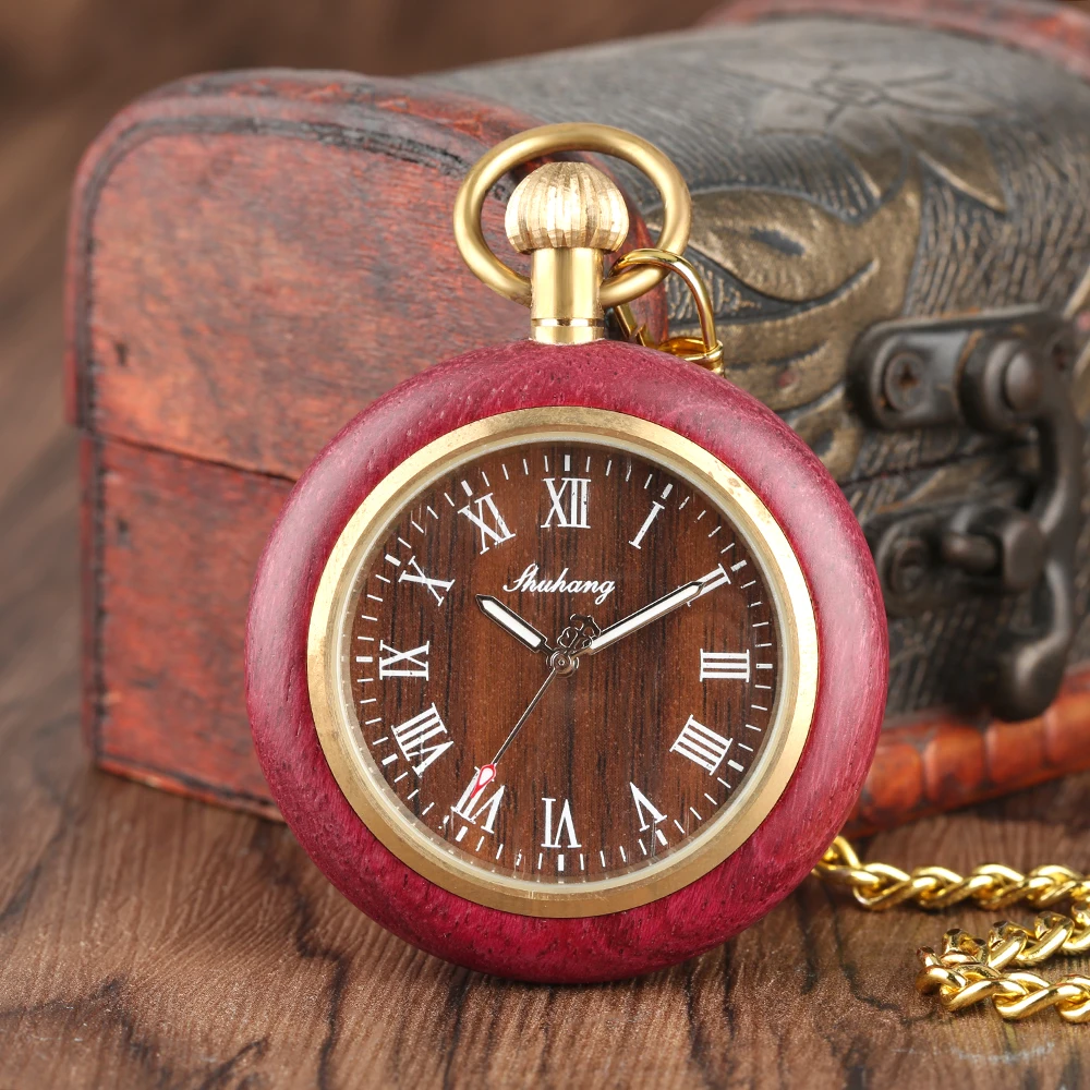 Red Wood Quartz Pocket Watch Luxury Gold Punk Pendant Chain Roman Numerals Display Vintage Watches Antique Gifts Men Women