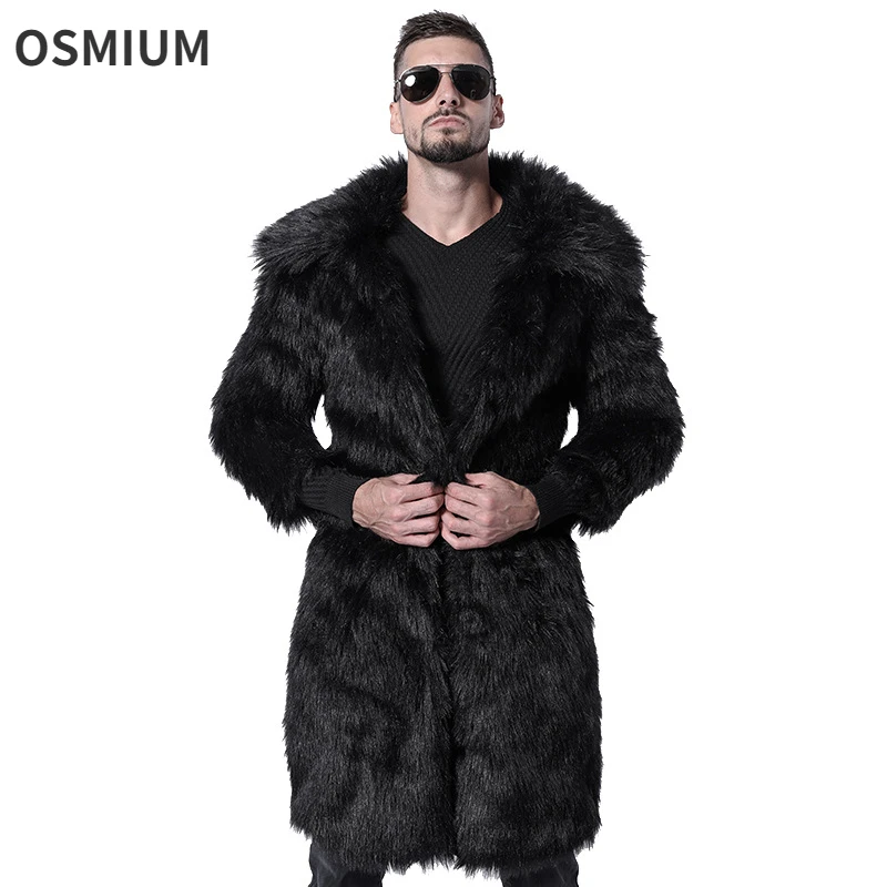 

Men Winter Faux Fur Coat Faux Fox Fur Overcoat Turndown Faux Fur Collar Long Warm Fluffy Leopard Print Jacket Plus Size S-4XL