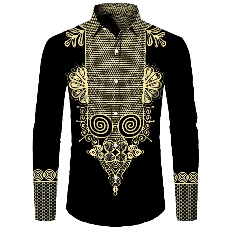thumbnail image 1 of Camisas con cuello vuelto y botones con estampado dashiki africano para hombre, blusas casuales de manga larga, ropa de calle de estilo étnico, camisa, 1 of 4