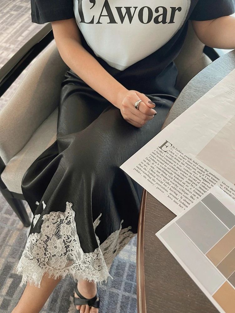 Satin Lace Patchwork Midi Skirt 2025 Women A-line Elegant Smooth Skirt Women Clothing 2