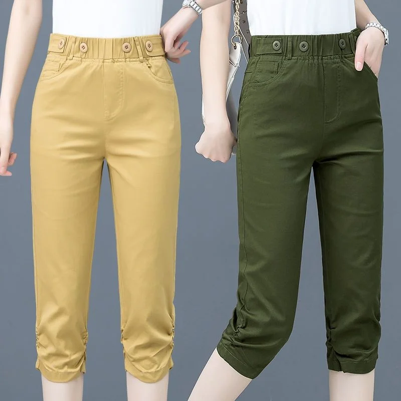 Women's Capris 2023 New Summer Thin Slim High Waist Harem Calf-Lengt Pants Ladies Casual Button Solid Color 3/4 Trousers