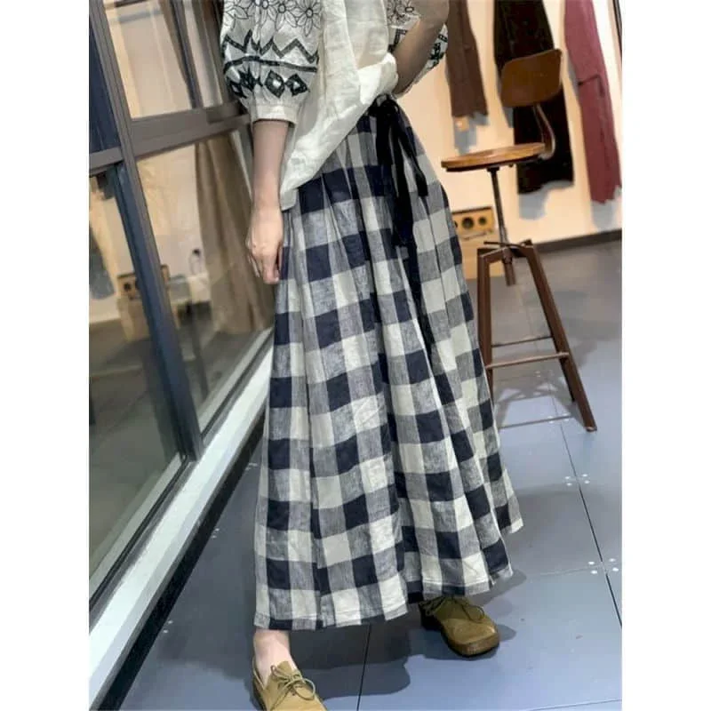 100% Cotton Linen Pants Women Plaid Loose Casual Baggy Pants Oversized Vintage Korean Fashion Trousers Clothes Wide Leg Pants
