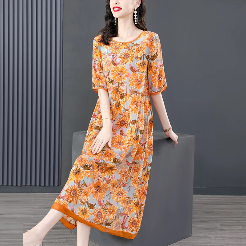 

Women Print Floral Silk Ruffled O-Neck Sexy Midi Dress Summer Beach Style Butterfly Slevee Dress Korean Elegant Dress
