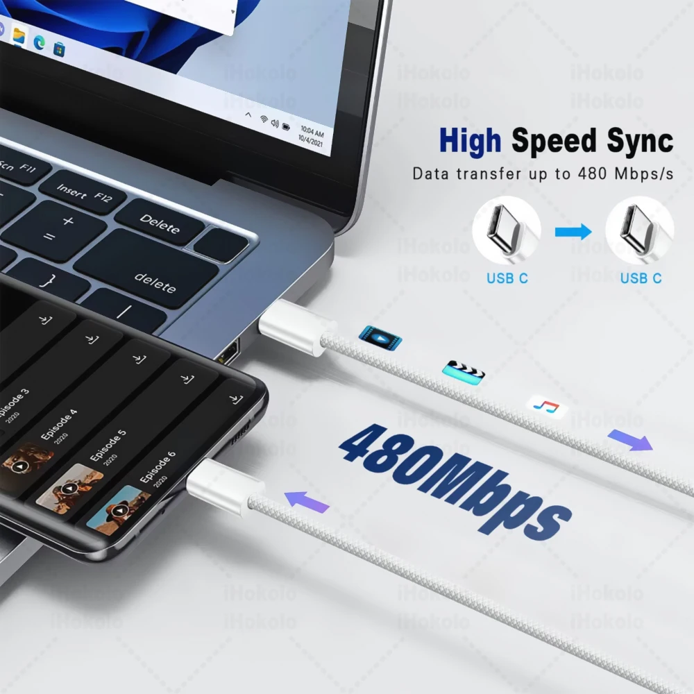 รูปสินค้า สายชาร์จ USB-C ถักทน ชาร์จเร็ว 60W ใช้ได้กับ iPhone Huawei Xiaomi Samsung