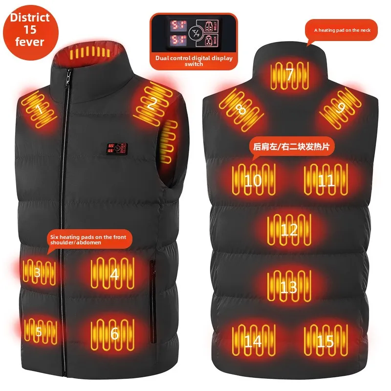 Smart Heating Vest 15 Zone Double Control Constant Temperature Warm Sleeveless Jacket Men Winter USB Heated Thermal Cotton Vests