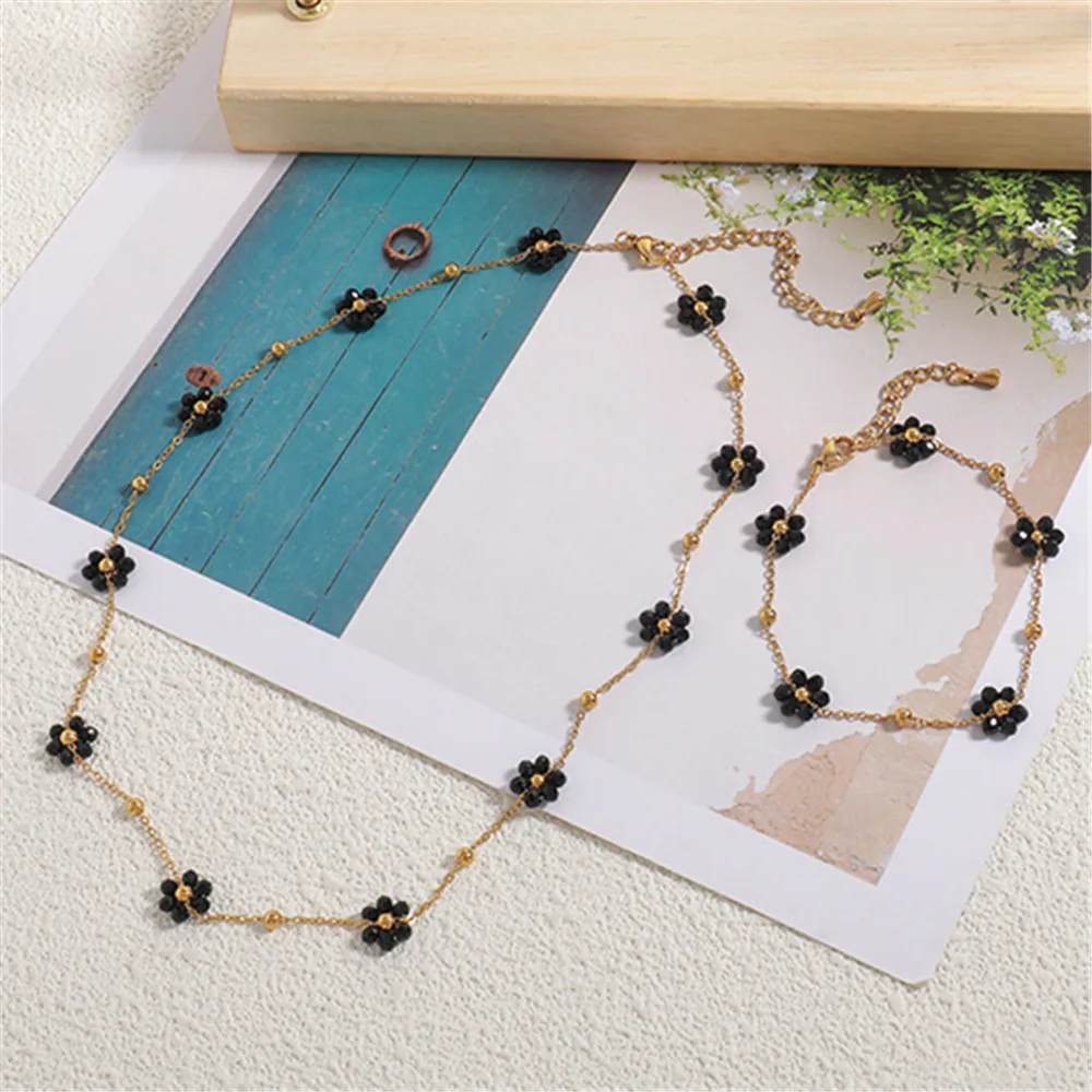 Black Spinel Daisy Flower 18K Gold Color Women Necklace Bracelet Set Exquisite Jewelry Natural Stone Versatile Clavicle Chain