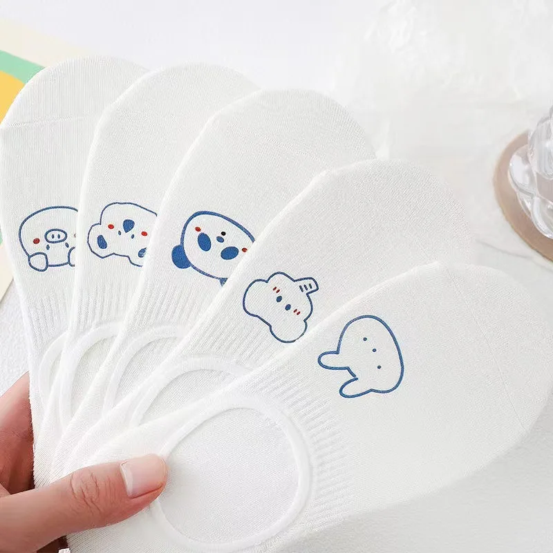 مجموعة جوارب الصيف للنساء ، غير مرئية ، كارتون ، لطيف ، أبيض ، تنفس ، الكاحل ، سيليكون ، مكافحة زلة ، الحيوان ، الصورة الرمزية ، 5 أزواج