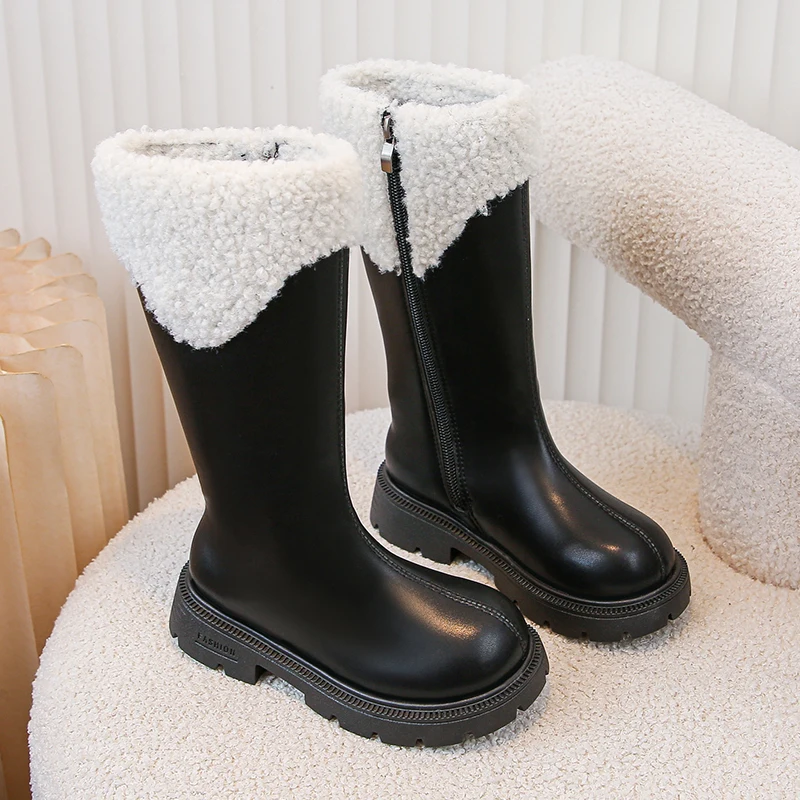 Girls Winter Leather Boots with Fur Soft Bottom Anti Slip