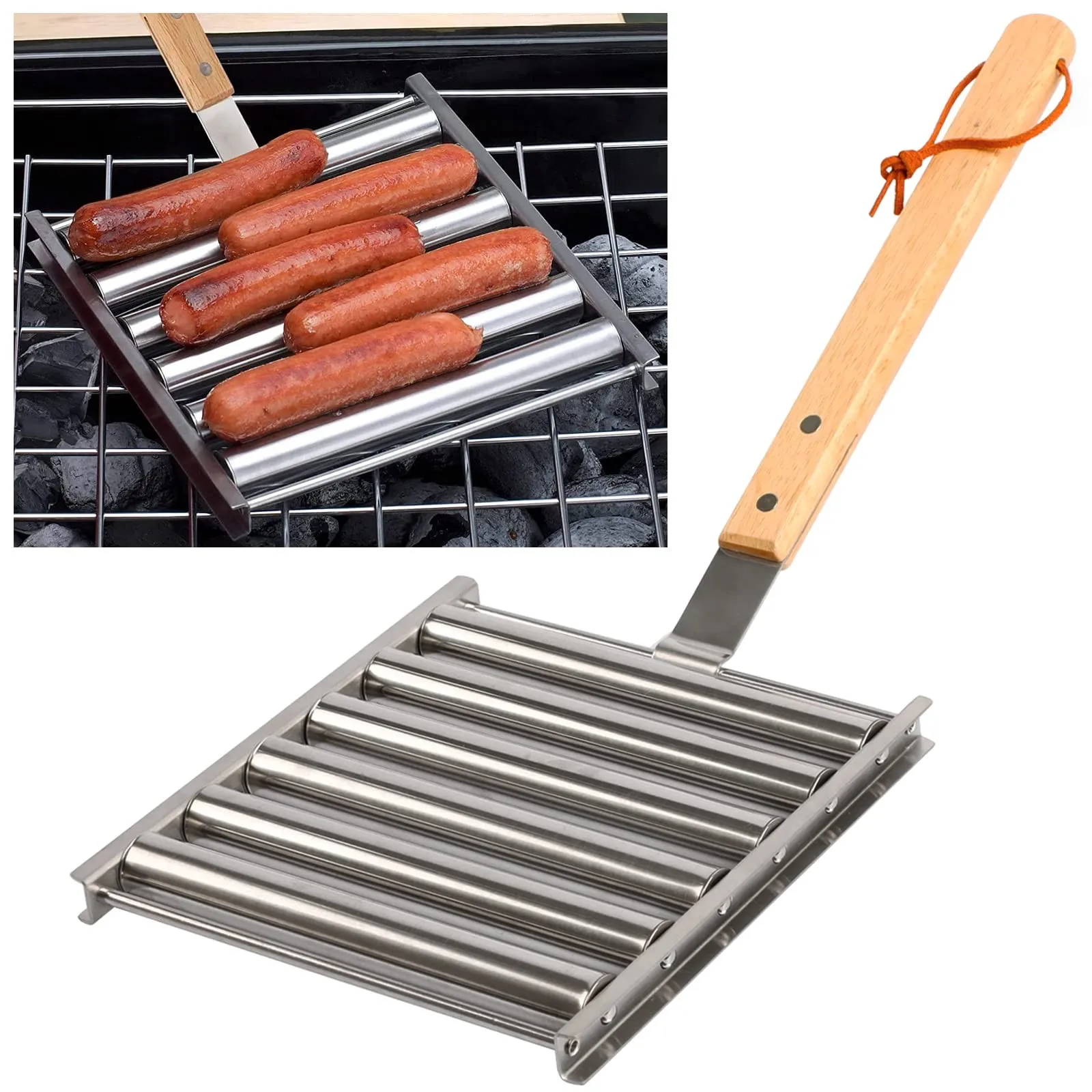 BBQ Sausage Baking Grill Rack Stainless Steel Roller Grill Brackets Household Outdoor Heat Resistance Non-Stick Barbecue Tool