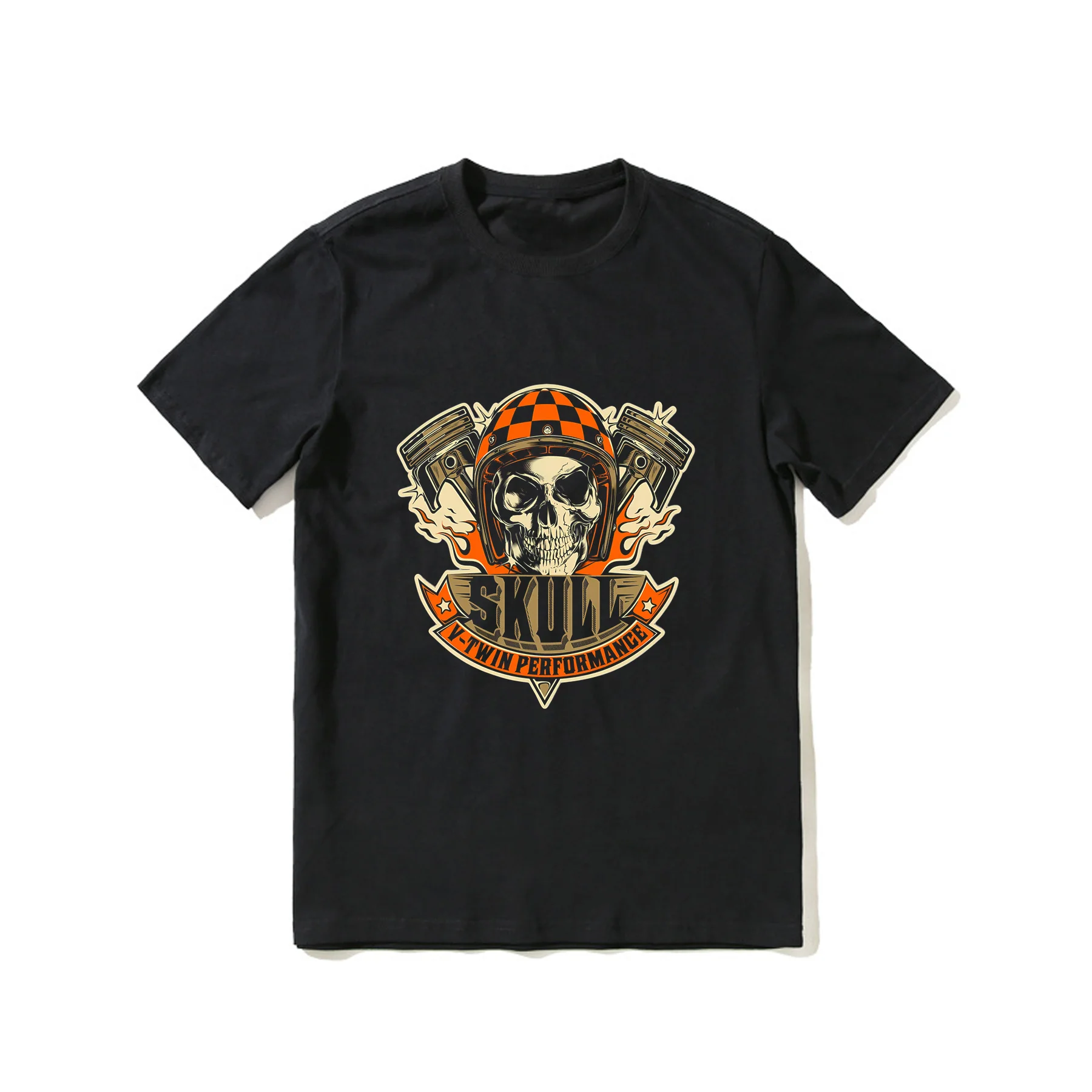 

2023 Hot Sale Summer 100% Cotton Born To Ride Skull V-twin Black T Shirt Men Short Sleeves Cool Tee Hip Hop Streetwear T-shirt