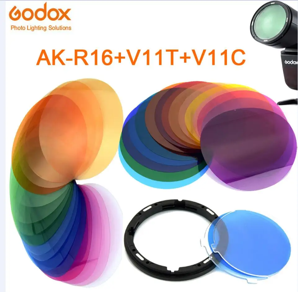Godox AK-R16 Magnetic Mount Diffuser Plate with V-11C / V-11T Color Effect Gel Set for Godox V1 Series Flash Light Speedlite reflector diffuser lamp shade photography light adapter camera accessories