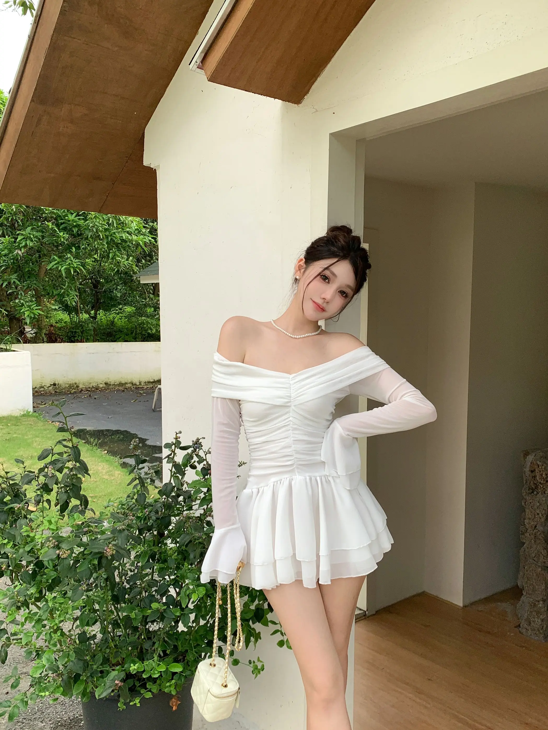 Elegant Mini White Dresses for Women Slash Neck Flare Sleeves Slim Waist Ruffles A-line Korean Fashion Short Vestidos Mujer New