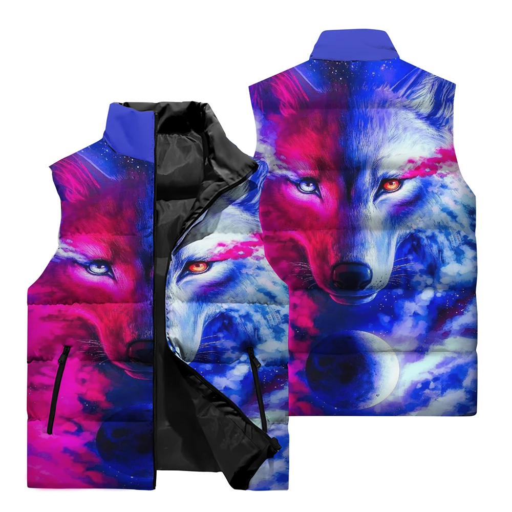 thumbnail image 1 of Chaqueta sin mangas con cremallera y bolsillo con cuello alto de nuevo estilo, con estampado de lobo en 3D, para deportes al aire libre, viajes, correr, chaleco cálido resistente al viento, 1 of 5