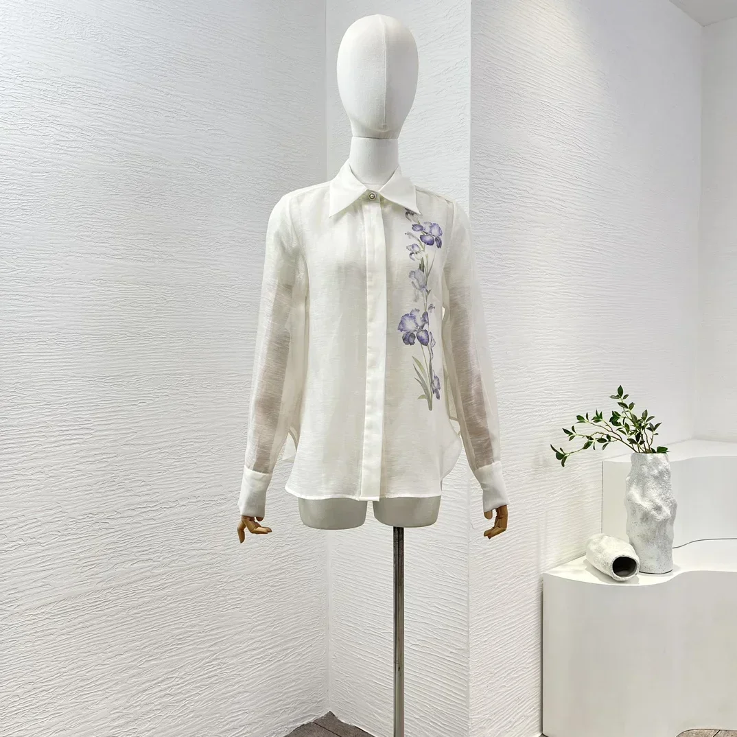 

Elegant 2024 New Silk Linen White Blue Iris Flower Print Long Sleeve Women All-matching High Quality Blouse Tops