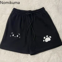 Women Summer Casual Shorts High Waist Black Y2k Kawaii Sweet Cat Print Wide Leg Pants Chic Japanese Pantalones Cortos De Mujer