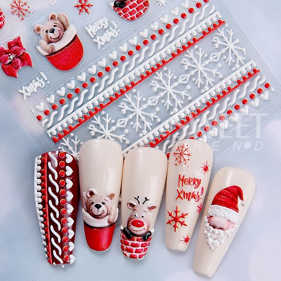 5D Realistic Relief Santa Claus Nail Stickers Snowflakes Christmas tree Elk Stars Self-Adhesive Nail Decals Manicure Decoration