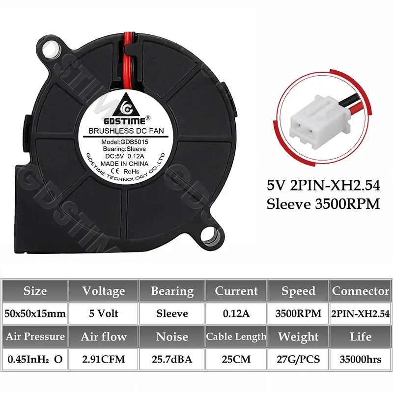 Gdstime 5015 Blower Fan 24V 12V 5V 50MMx15MM Turbine Radial Fan 5015 Dual Ball High Speed Cooler for 3D Printer Parts Cooling image 9