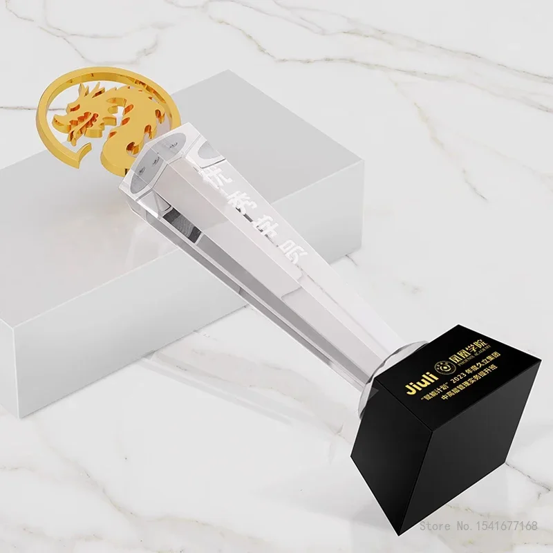 Customized High-end Crystal Trophy, Metal Dragon bibcock Shape Medal, Annual Meeting Award Free Engraving Home Decor Crafts, 1Pc