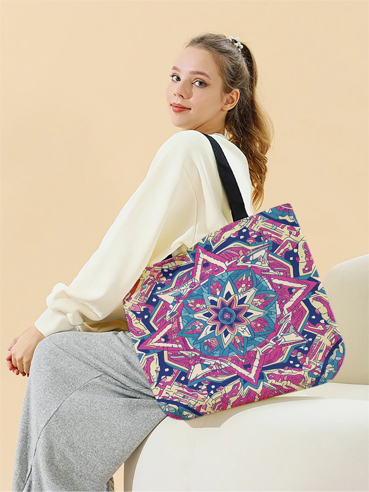 1pc,ethnic style patterned handbag, reusable fashionable handbag, multi-functional handbag, printed canvas shopping bag
