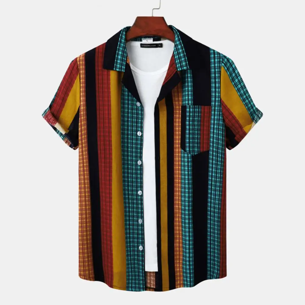 

Men Shirts Contrast Color Vintage Striped Short Sleeve Single-breasted Cotton Pocket Shirts for Men Summer Top camisas y blusas