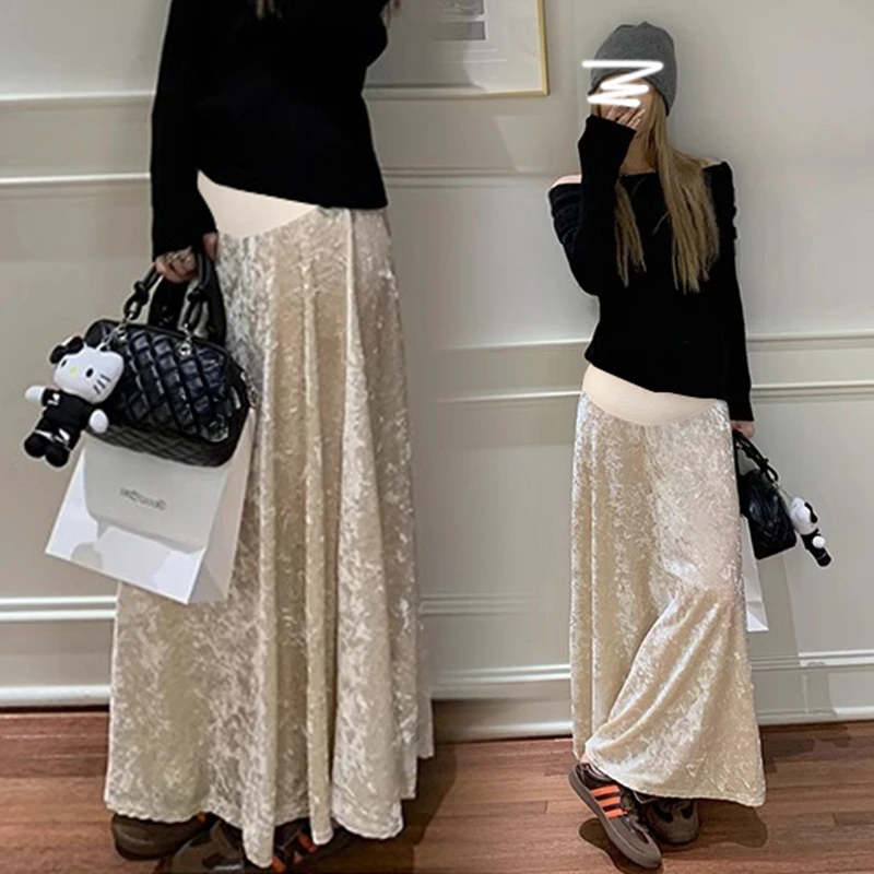 Good Quality Maternity Belly Skirts High Waist Pregnant Woman Long Loose Velour Skirt Fashion Pregnancy A-line Skirt 92-95cm