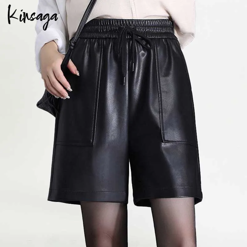 

Casual Elastic Waist Leather Bermuda Women Simple Basics Wide Leg Lace Up Pu Five Point Pants Short Street Windproof Fifth Pant