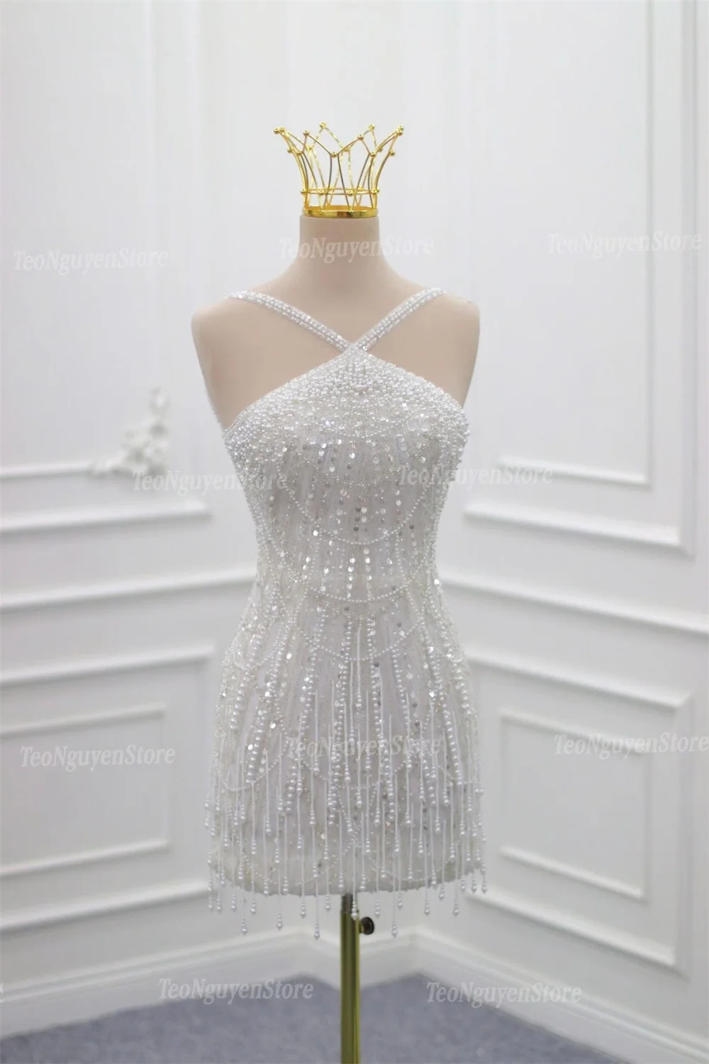 Kyoto Customized Shiny Beading Mini Sheath Wedding Dress Halter Neck Sleeveless vestidos de novia White Luxury 2025Evening Dress