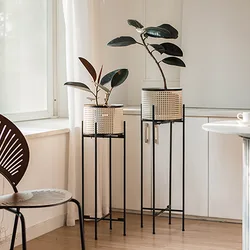 Flower Rack Modern Imitation Rattan Woven Japanese Plant Shelves Ironwork Shelf Floor-Standing Bedroom Round Flowerpot Stand