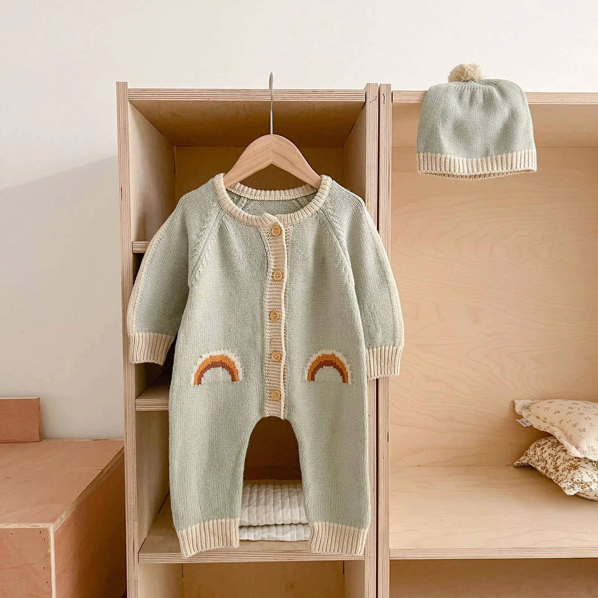 

Korean Version Of Super Cute New Baby Crawling Suit Baby Knitted One-Piece Rainbow Sweater Send Hat Sweet And Lovely