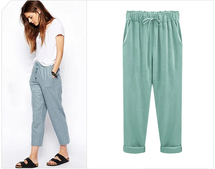 Cotton Linen Pants, Elastic Mid Waist Ankle Length Pant, Casual Women Loose Spring Pants, Female Slacks Size M-5XL 6XL 7XL 8XL_ecoleips.com