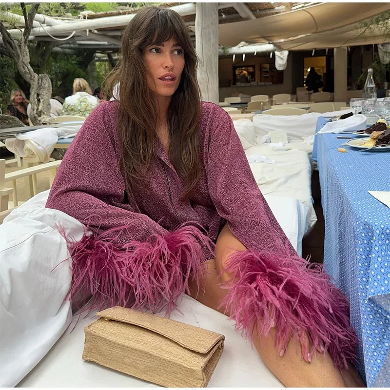 Glitter Feather Oversize Shirt Women Fashion Sparkle Stand Collar Single-breasted Long Flare Sleeve Blouse Lady Y2K Outwear