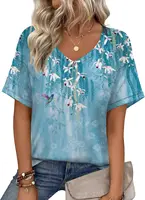 الصيف المرأة تي شيرت برقبة على شكل v بسيط شريطية ورقة طباعة قصيرة الأكمام تيز فضفاضة في الهواء الطلق سريعة الجافة اليومية ملابس كاجوال للإناث 4