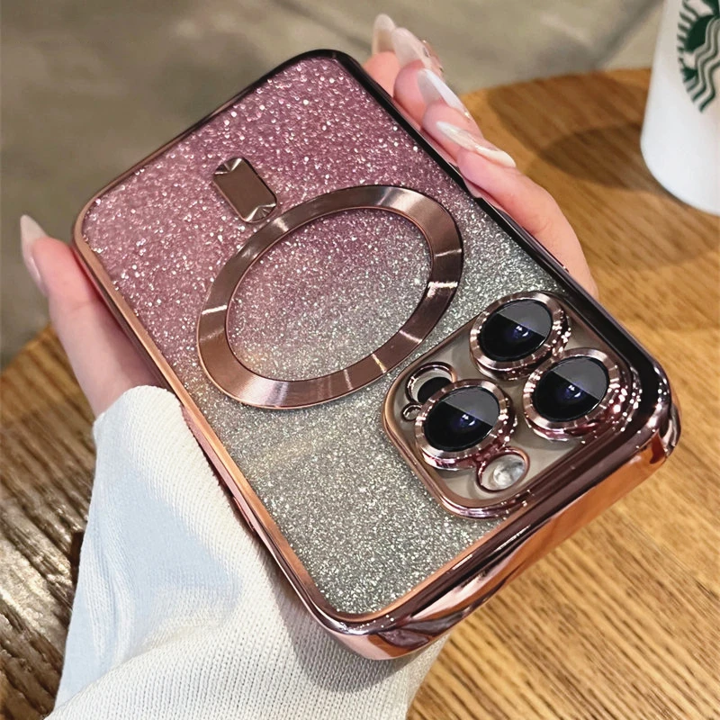 Magsafe Plating Gradient Glitter Clear Case For iPhone 11 12 13 15 Pro Max 14 Plus Soft Silicone Magnetic Wireless Charge Cover