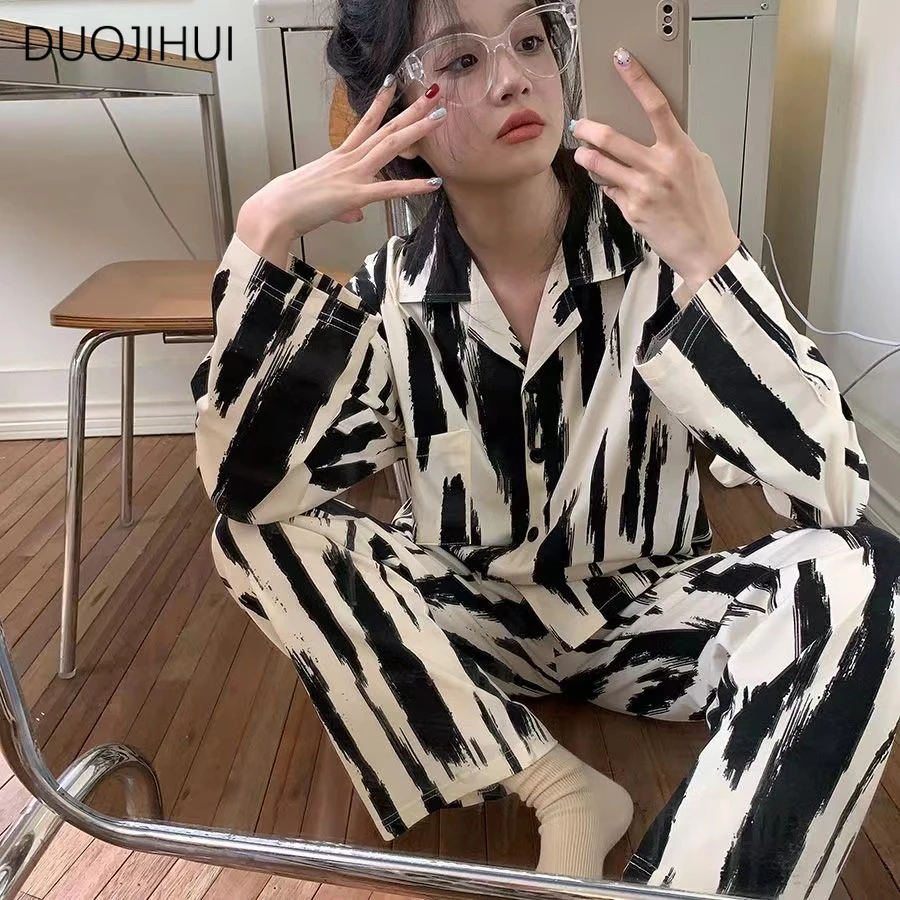 DUOJIHUI Classic Two Piece Contrast Color Female Pajamas Set Long Sleeve Cardigan Basic Pant Loose Casual Home Pajamas for Women