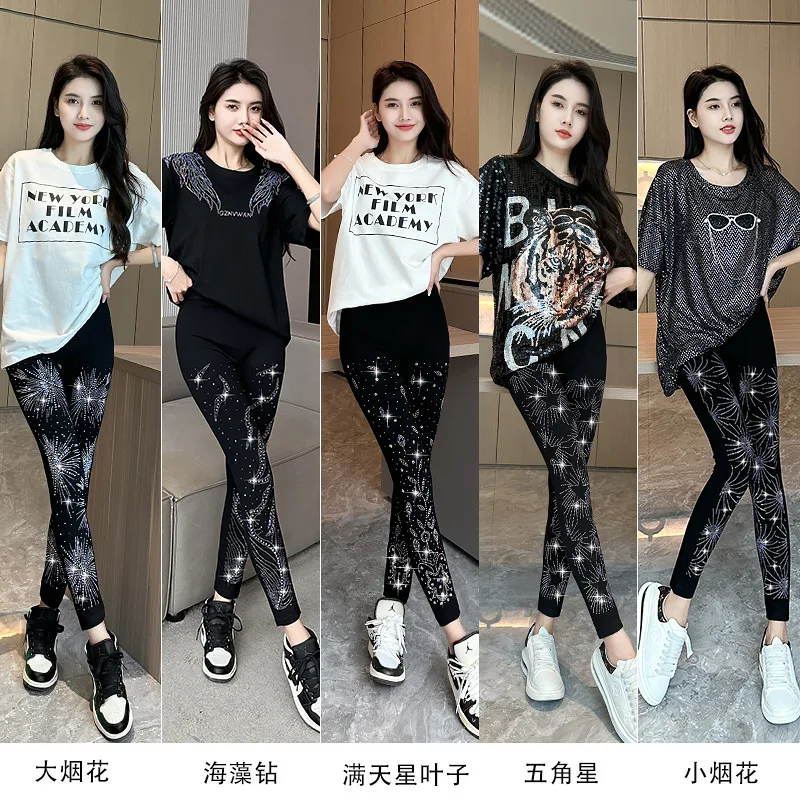 All Season Women Black Silver Sequin Leggings Plus Size High Waist Black Skinny Trousers Pants