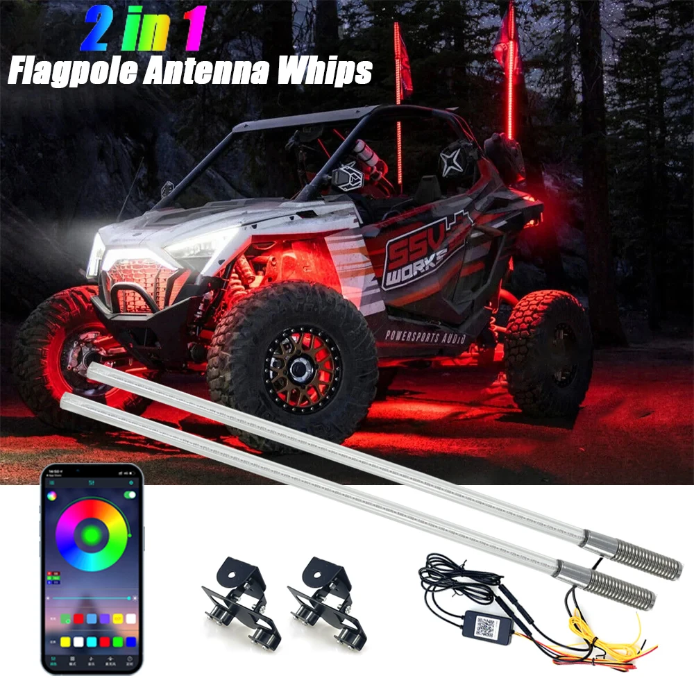 

2PCS LED Whip Lights APP Control Flagpole Antenna Whips APP RGB Lamp for UTV, ATV Off Road Truck Sand Buggy Dune RZR