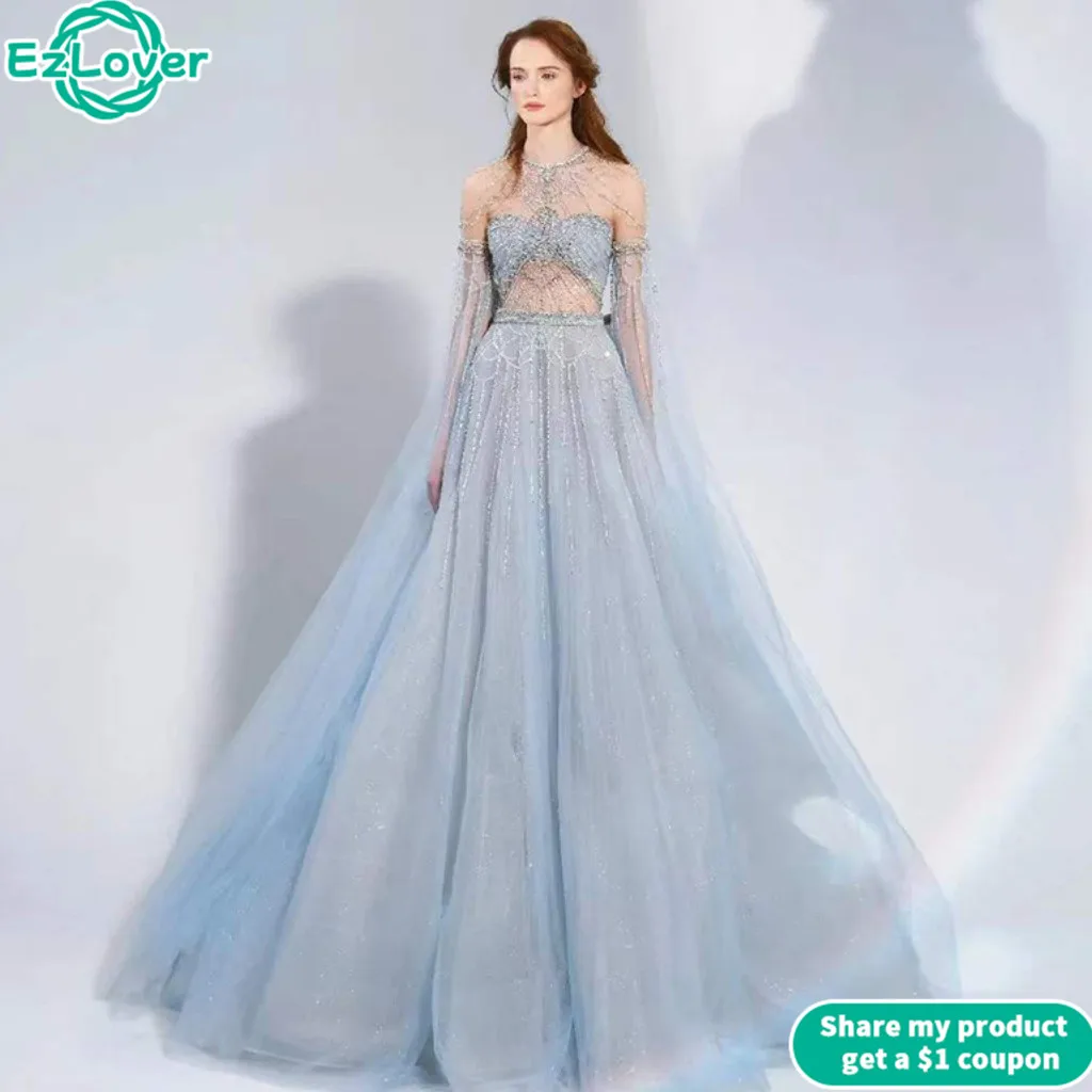 

Charming Sky Blue Shiny Appliques Beaded Prom Dress Tulle Ball Gowns Corset Princess Evening Gown Dress