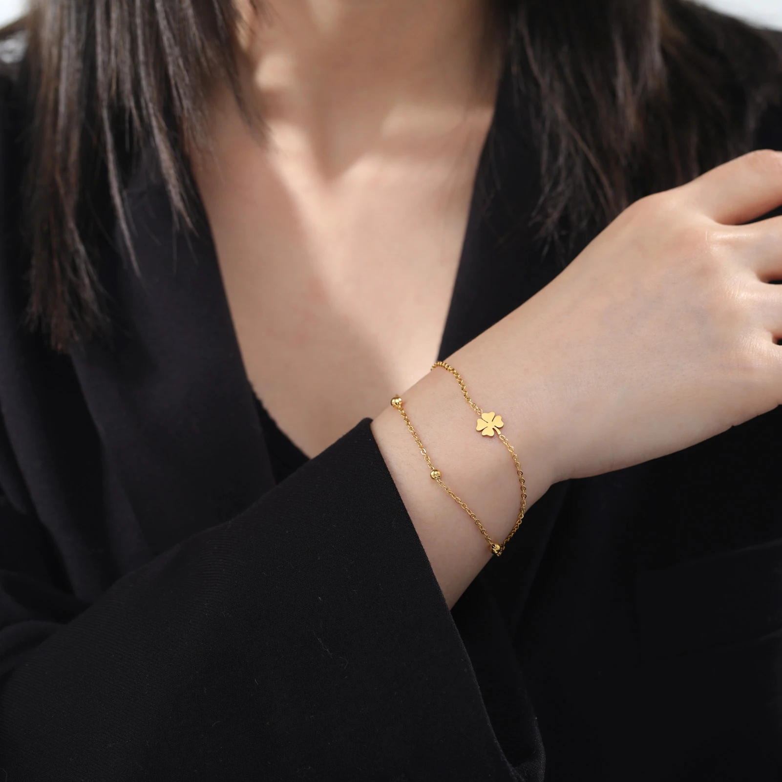 Kkjoy Armbänder Von Frauen Silber Farbe Edelstahl Doppel Mond Kette Stern Perlen Armreifen Minimalistischen Weiblichen Schmuck Zubehör – Detail 14