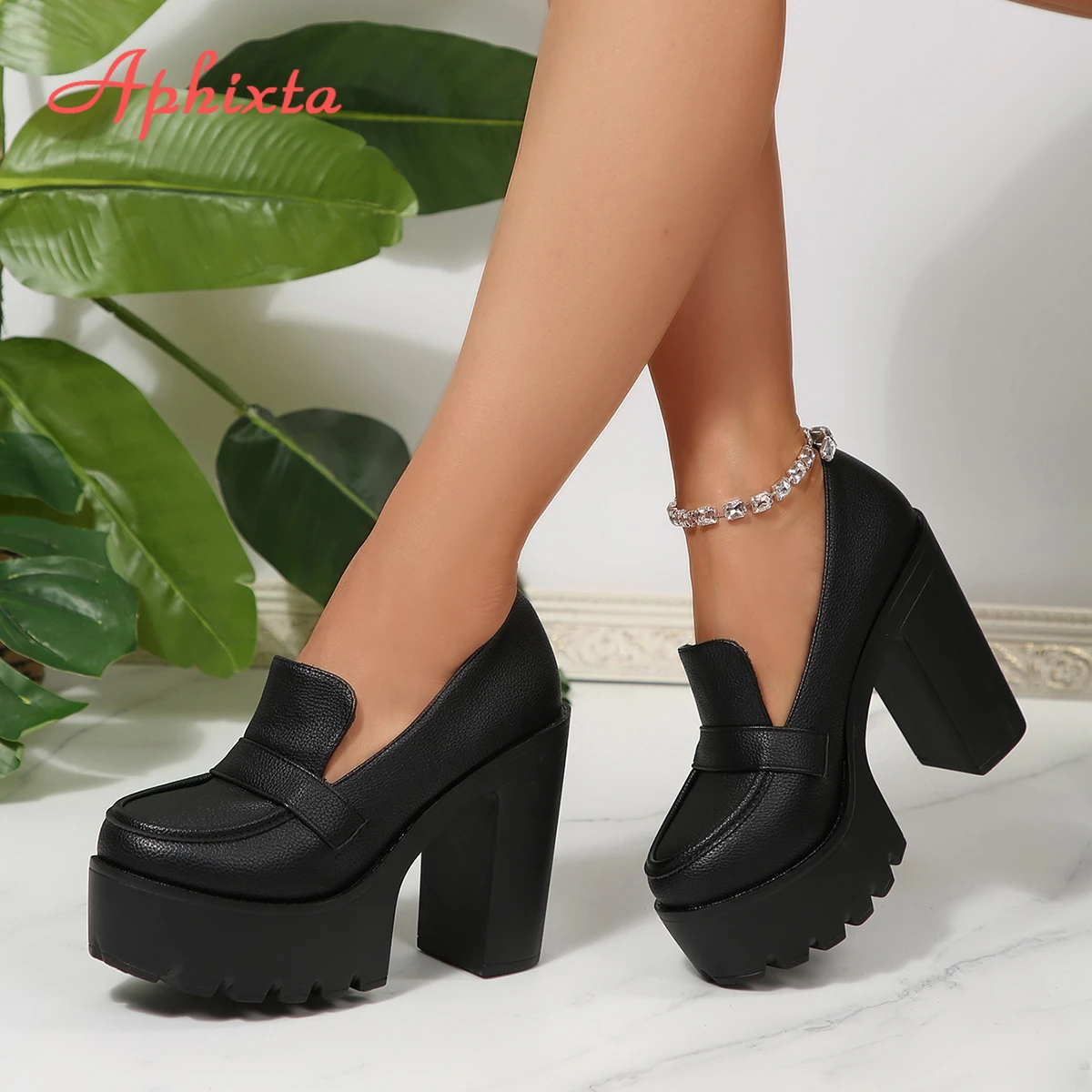 Aphixta 11.5cm High Heels Woman Loafers Shoes 4.5CM Platform Slip on Women Casual Shoes Leather Classic Loafers Woman Shoes