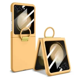 Liquid Silicone Ring Holder Phone Case with Screen Protector - Shockproof Cover - Z Flip 7FE (Yellow)
