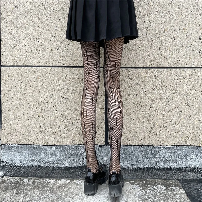 Cross Print Club Tights Women Sexy Mesh Pantyhose Fishnet Nylon Fantasy Body Stockings Black Long Gothic Lolita Girls High Socks Sf442967add6140119af48908a3173a0dR