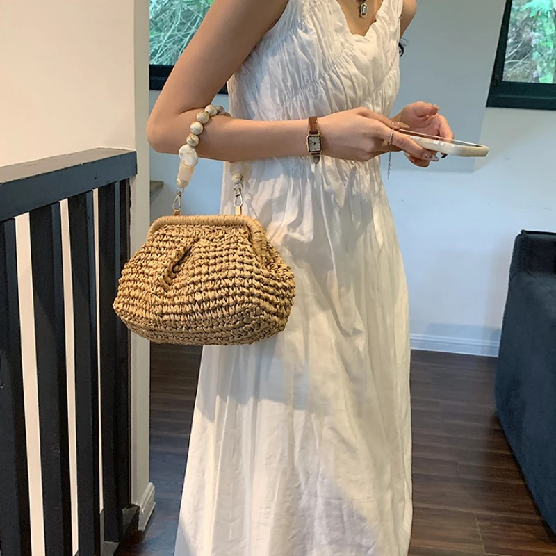 المرأة القش حقيبة كروسبودي مخلب محفظة النسيج حقيبة...