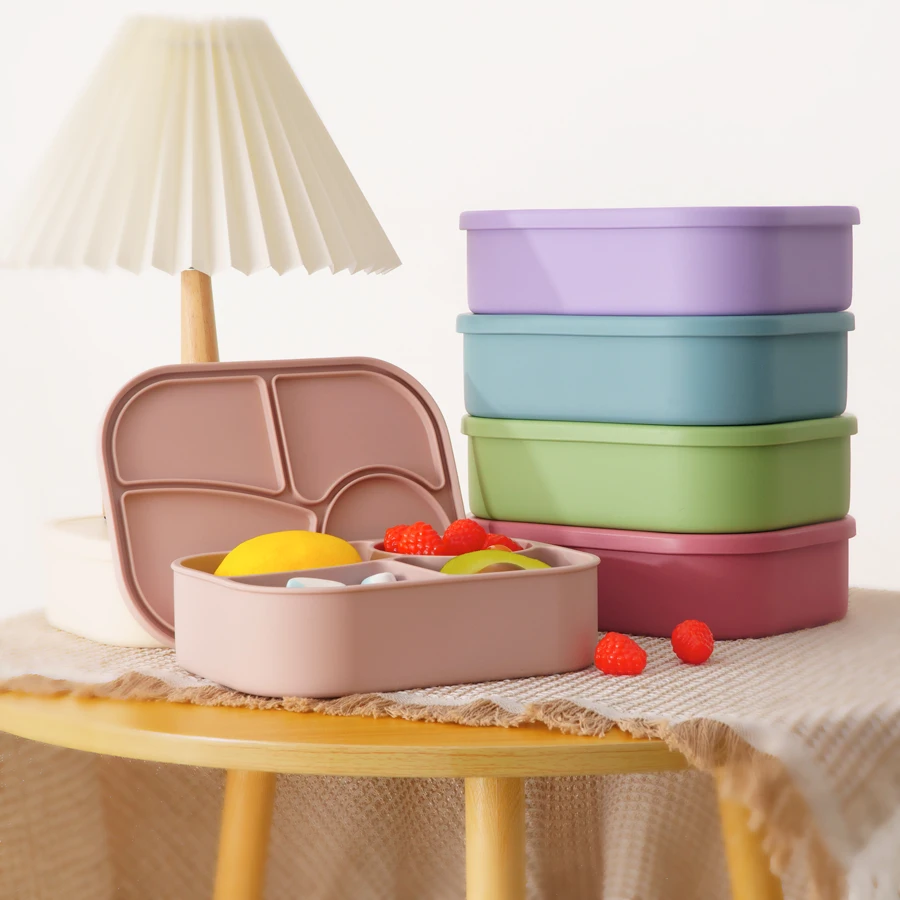 1PCS Baby Silicone Food Storage Box Solid Color Baby Tableware Portable Four-compartment Dinner Plate Toddler Lunch Box 3
