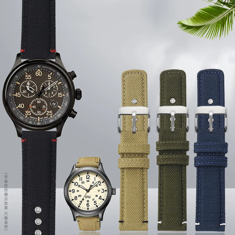 남성용 스포츠 시계 밴드, 방수 나일론 캔버스 가죽 시계 스트랩 액세서리, TIMEX T49905 T49953 세이코 시티즌 카시오, 20mm