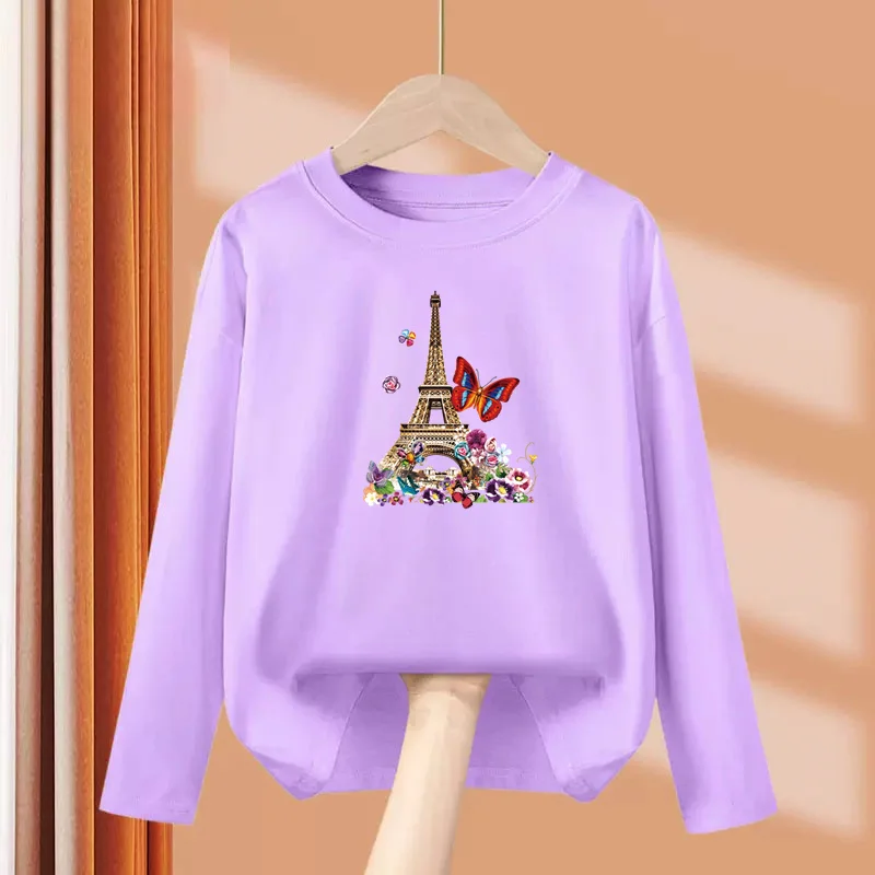 Girls New Autumn Clothes Paris Eiffel Tower T-shirt Long sleeved Cotton Tops Little Girl Butterfly Party Tees 3