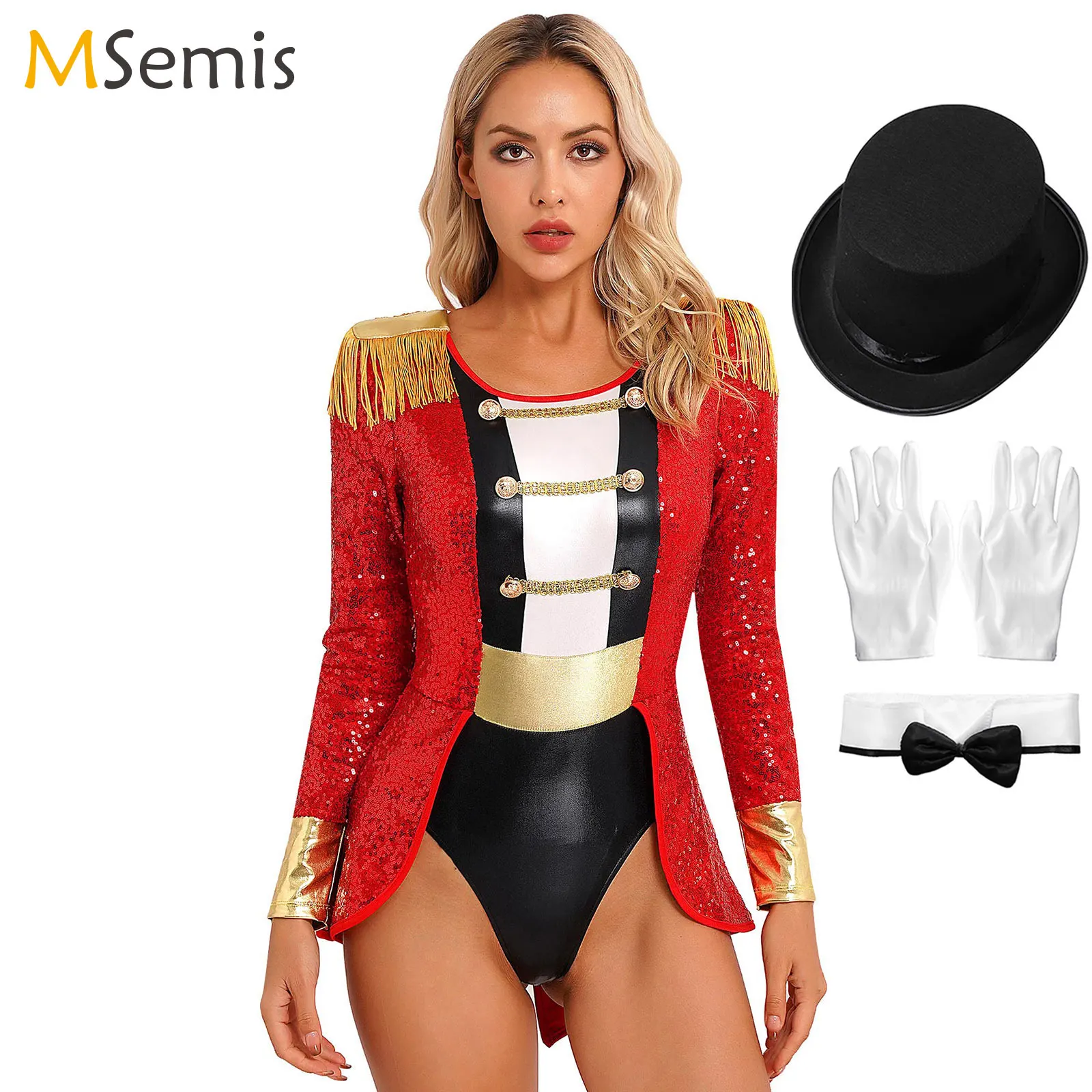 

Womens Circus Ringmaster Outfit Halloween Cosplay Bodysuit Fringe Epaulette Collar Bow Hat Velvet Jumpsuit Masquerade Costumes