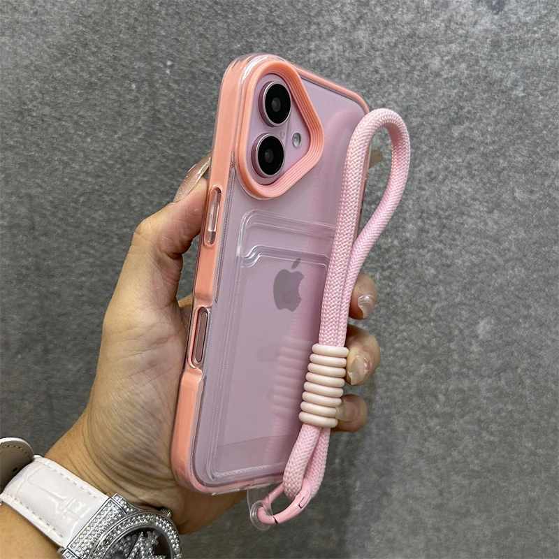 Luxury Clear Card Holder Wallet Case with Wrist Strap and Hand Rope in Soft Silicone