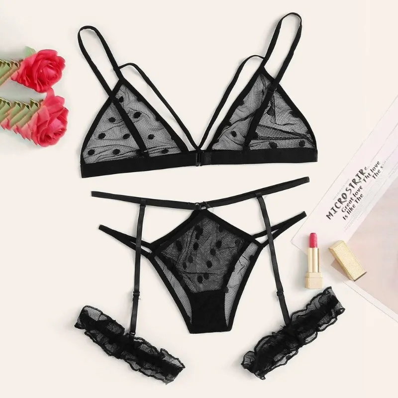 Perspective Lace Mesh Bra Set Women Plus Size Lace Lingerie Set Black Sexy Underwear Exotic Sleepwear Sexy Lingerine Outfit